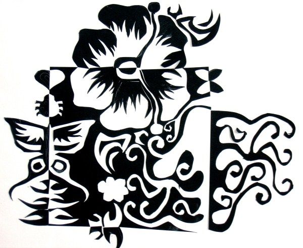 A cut-paper notan in black on white: a hibiscus flower, a butterfly, a small flower and curling vines cut out of a black square, each piece flipped outward across the edge it was cut from so the design mirrors itself beyond the square.